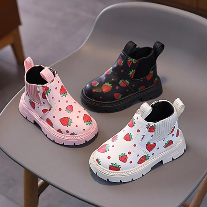 Cute Strawberry Girls Boots Fashion School Causal Children Leather Shoes Versatile Non-slip Kids Platform Ankle Boots Non-slip