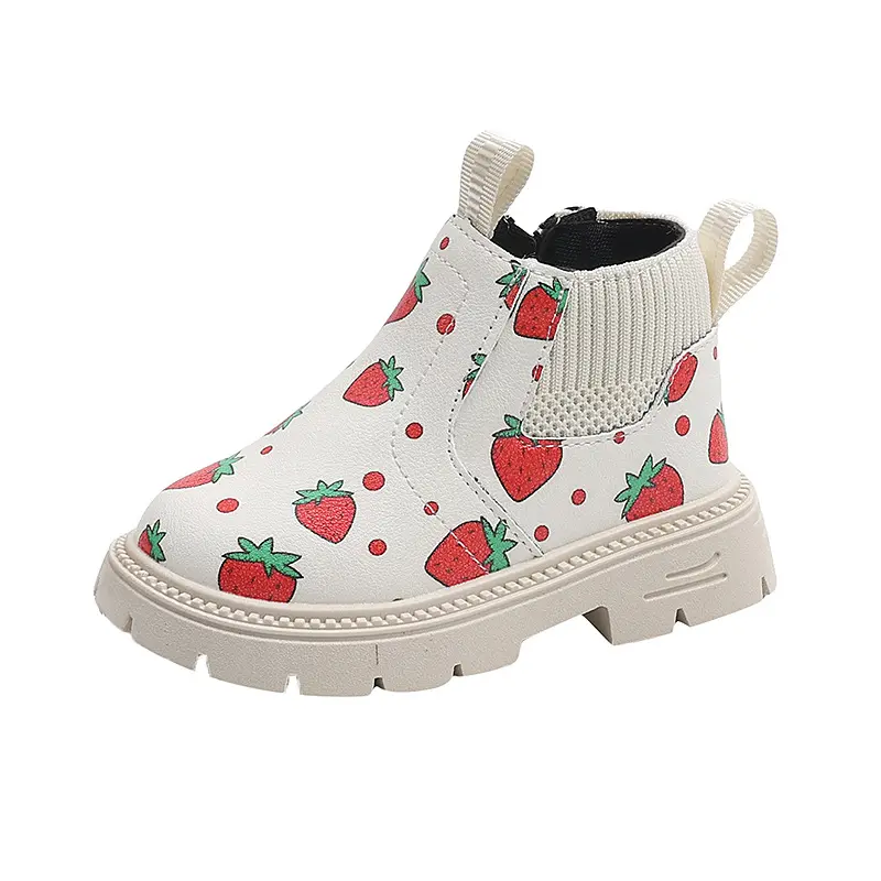 Cute Strawberry Girls Boots Fashion School Causal Children Leather Shoes Versatile Non-slip Kids Platform Ankle Boots Non-slip