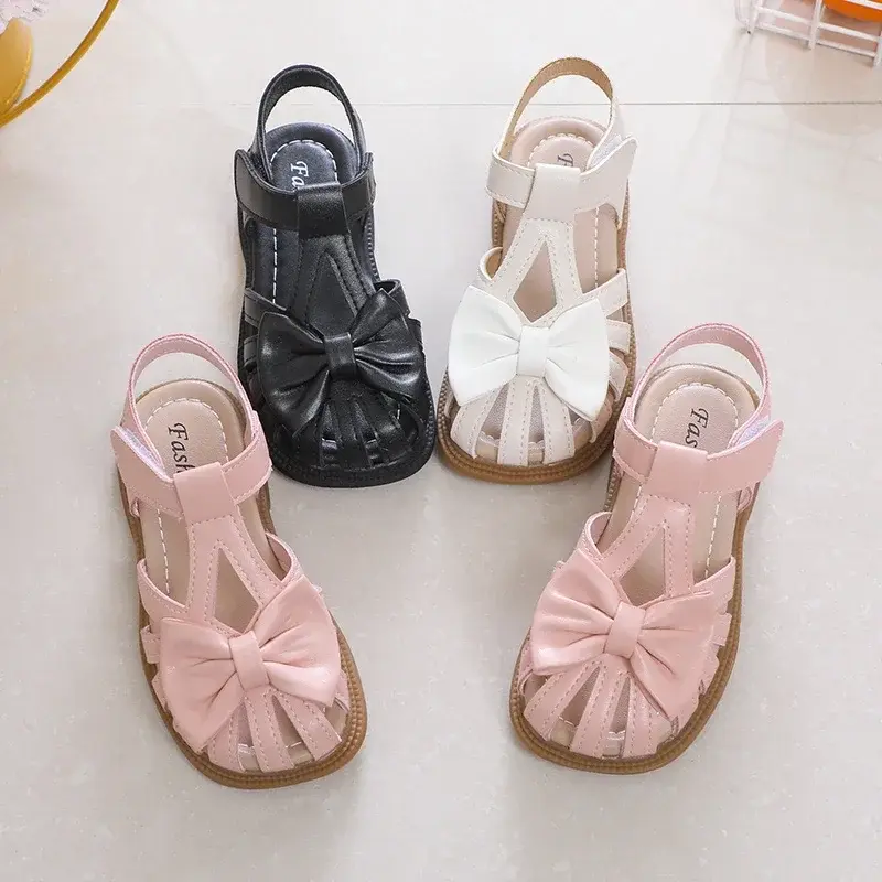 Cute Girls Sandals Bow Peep-toe 2025 New Soft Hook & Loop Beige Kids Princess Shoes Casual Sandals Cute Children Shoes Non-slip