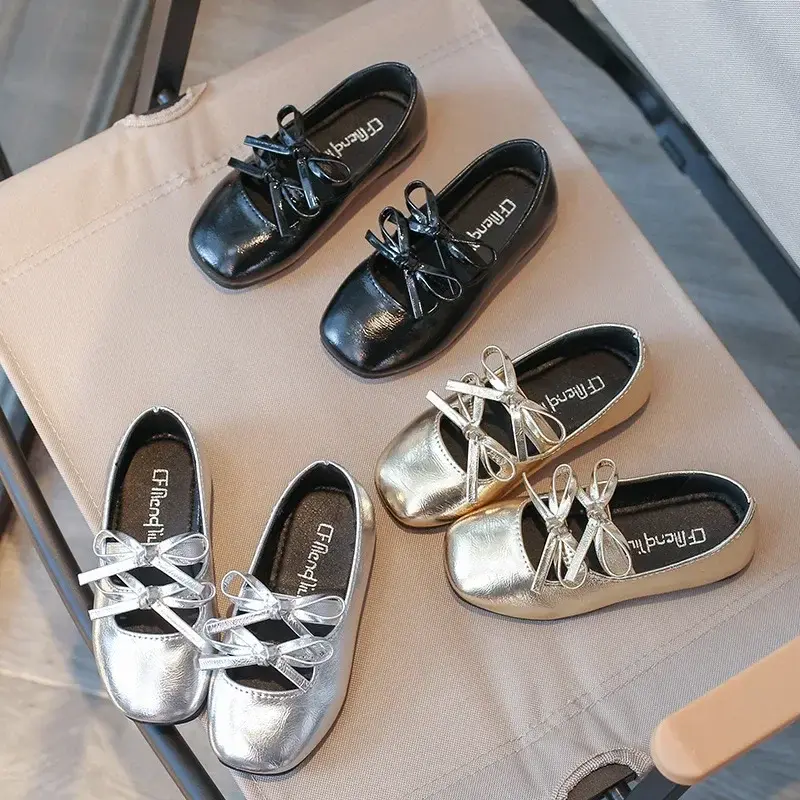 Kids Square Dance Performance Shoes Black Solid Color Girls Princess Shoe with Double Bow 2024 New Girls Leather Shoes Soft Sole