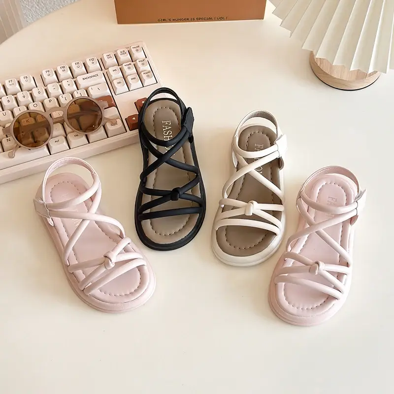 Girls Gladiator Summer Sandals with Knot Fashion Classic Princess Kids Beach Shoes 2025 Brand New Soft Flat Open Toes Anti-skid