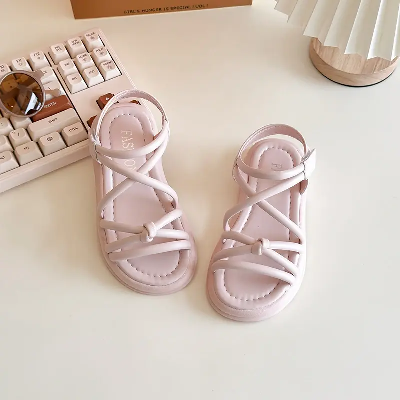 Girls Gladiator Summer Sandals with Knot Fashion Classic Princess Kids Beach Shoes 2025 Brand New Soft Flat Open Toes Anti-skid