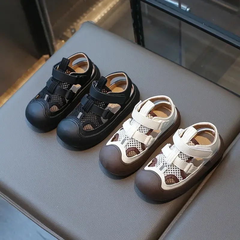Children Sports Sandals Versatile Kids Causal Cut-outs Sandals Summer Fashion Boys Girls Patchwork Mesh Beach Shoes Black Beige