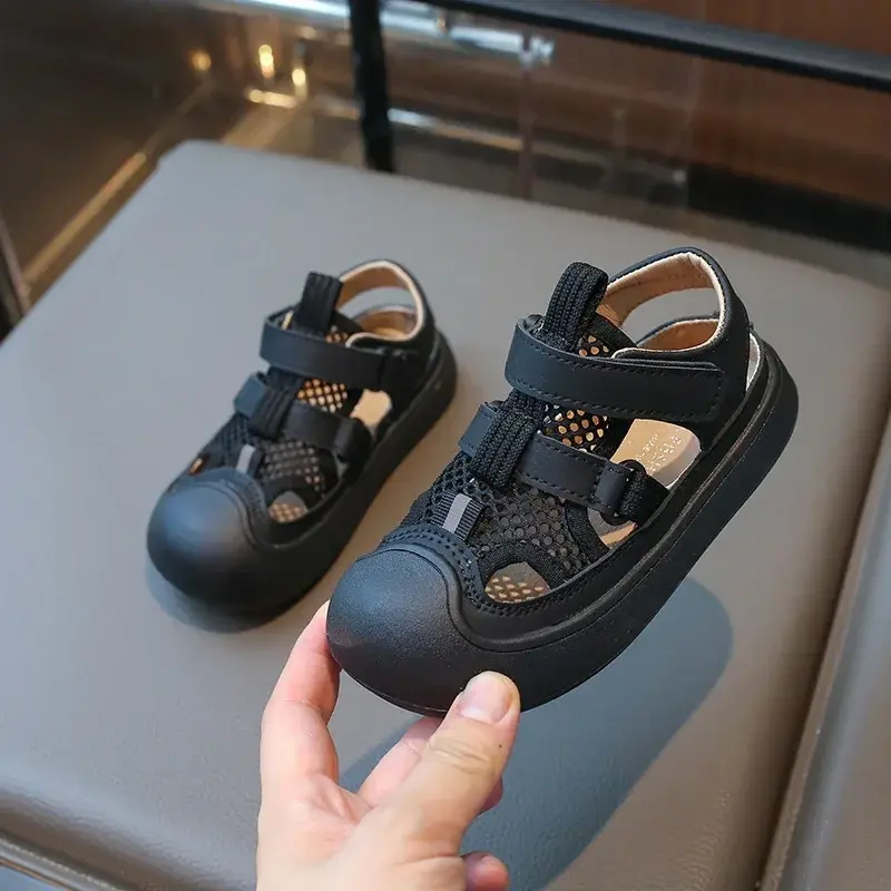 Children Sports Sandals Versatile Kids Causal Cut-outs Sandals Summer Fashion Boys Girls Patchwork Mesh Beach Shoes Black Beige