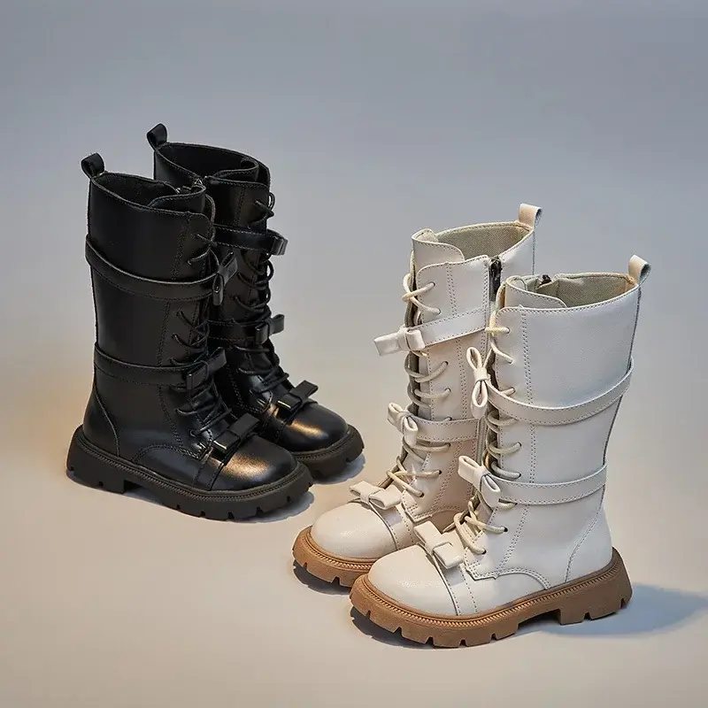 2025 Winter New Chillren Girls High Boots Britain Style Fashion Long Boots for Catwalk Bow Solid Color Kids Princess Bowtie Shoe