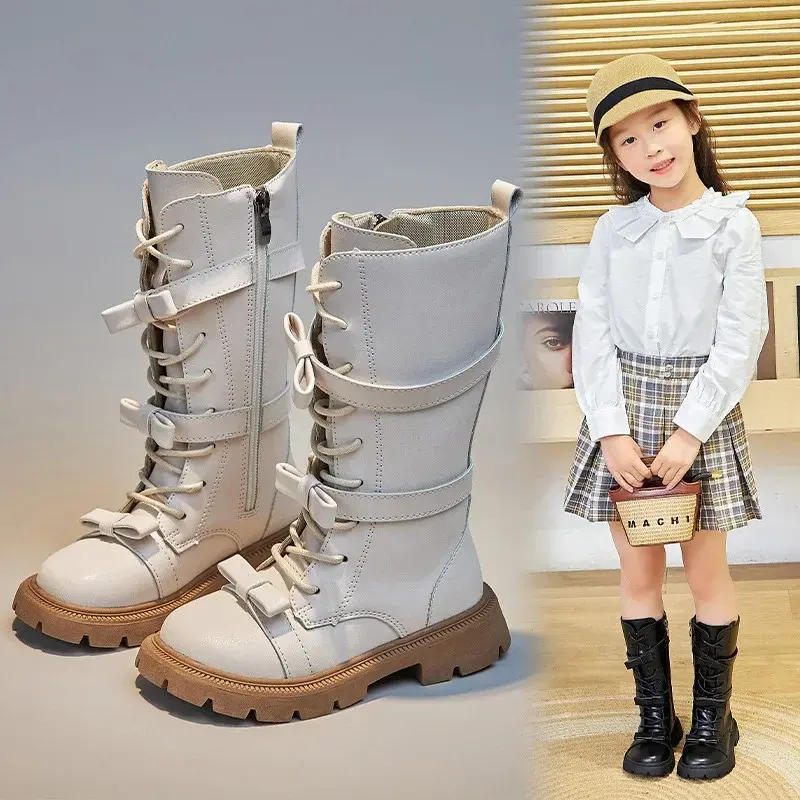 2025 Winter New Chillren Girls High Boots Britain Style Fashion Long Boots for Catwalk Bow Solid Color Kids Princess Bowtie Shoe