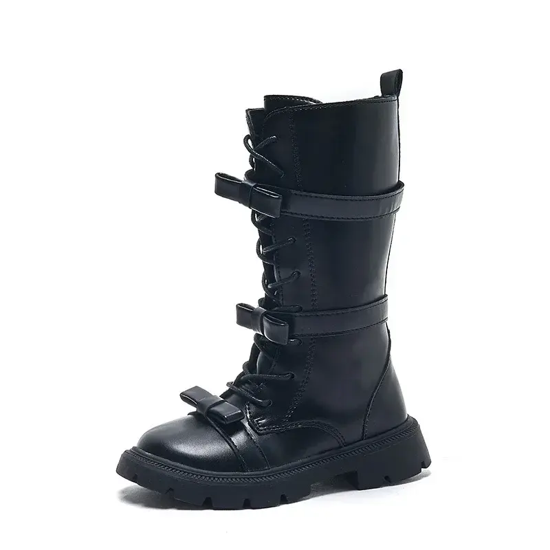 2025 Winter New Chillren Girls High Boots Britain Style Fashion Long Boots for Catwalk Bow Solid Color Kids Princess Bowtie Shoe