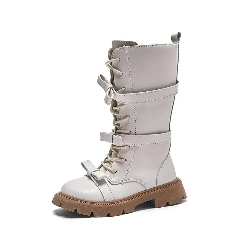 2025 Winter New Chillren Girls High Boots Britain Style Fashion Long Boots for Catwalk Bow Solid Color Kids Princess Bowtie Shoe