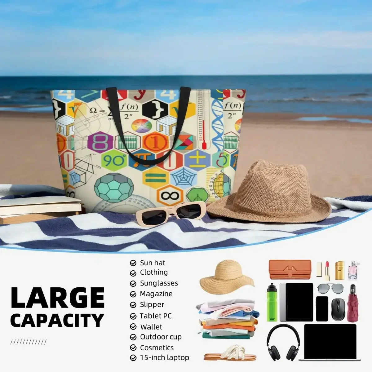MATH Beach Travel Bag, Tote  Holiday Shopping Daily Shoulder  Multi-Style Pattern