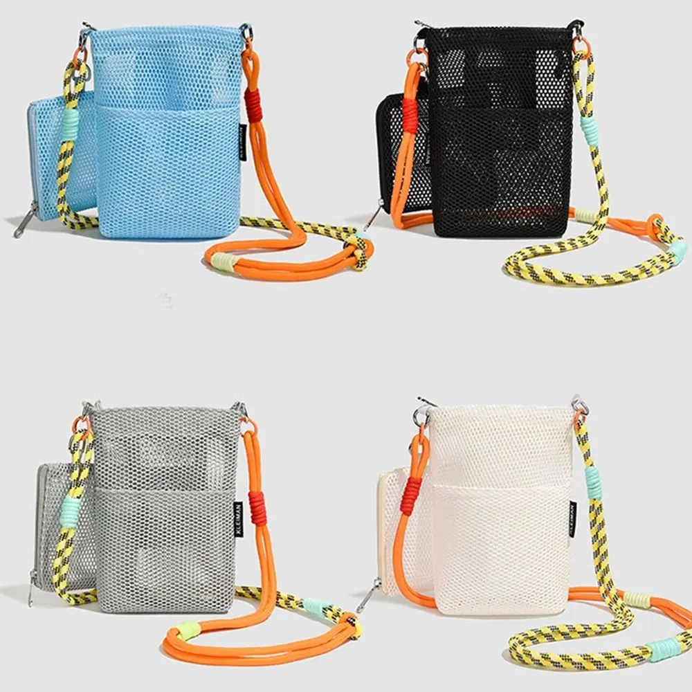 Fashionable Korean Style Nylon Mesh Bag Double-layer Solid Color Mobile Phone Bag Purse Wallet Bags Shoulder Bag Girls