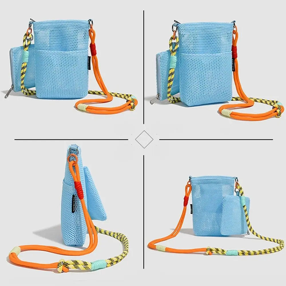 Fashionable Korean Style Nylon Mesh Bag Double-layer Solid Color Mobile Phone Bag Purse Wallet Bags Shoulder Bag Girls