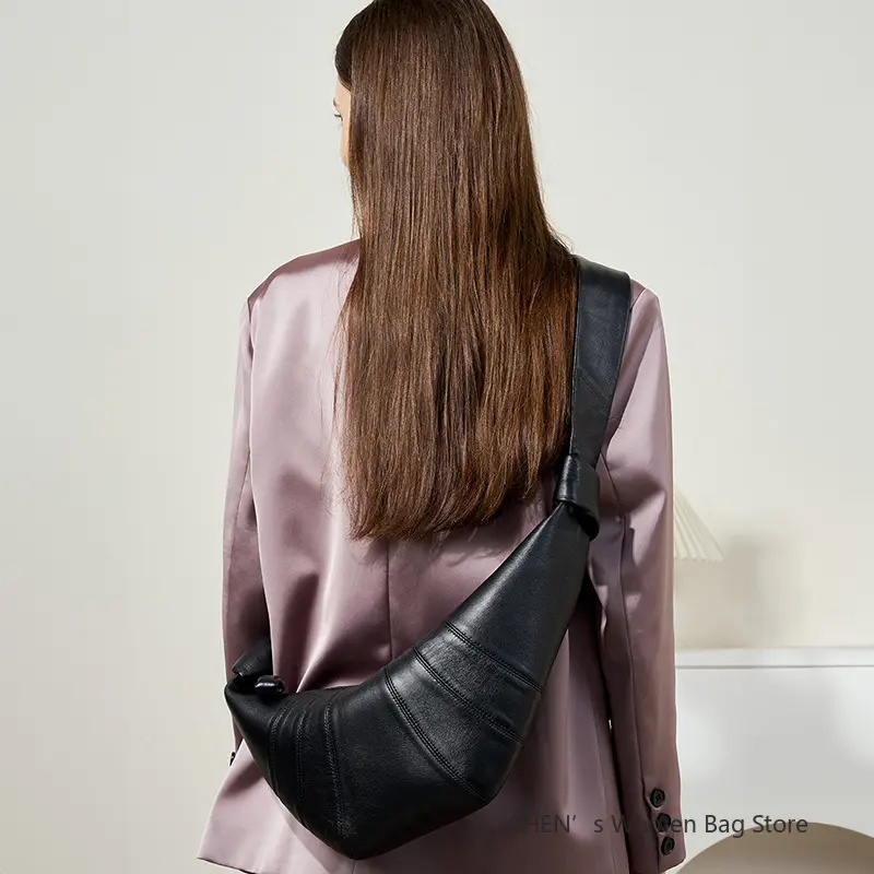 Genuine Leather Lambskin Women Handbag Croissant Bag Fashionable Versatile Black Soft Dumpling Chest Crossbody Shoulder Bags