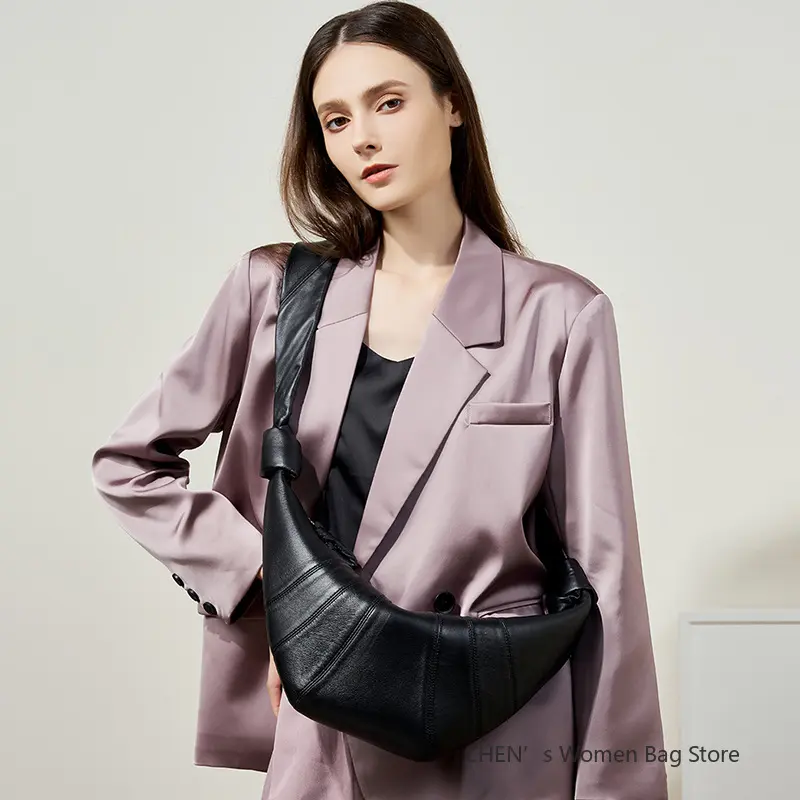 Genuine Leather Lambskin Women Handbag Croissant Bag Fashionable Versatile Black Soft Dumpling Chest Crossbody Shoulder Bags