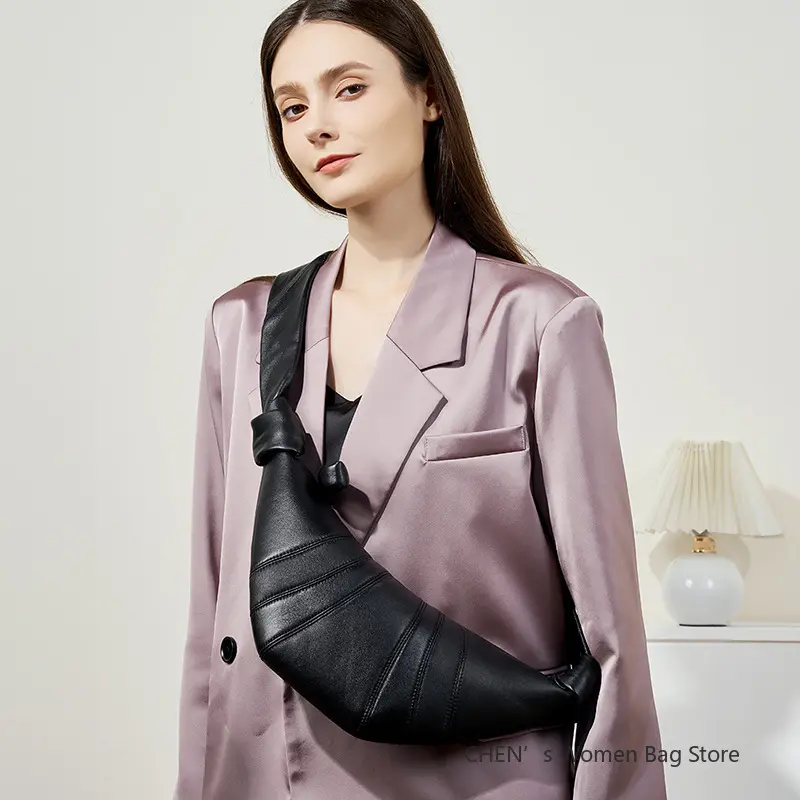 Genuine Leather Lambskin Women Handbag Croissant Bag Fashionable Versatile Black Soft Dumpling Chest Crossbody Shoulder Bags