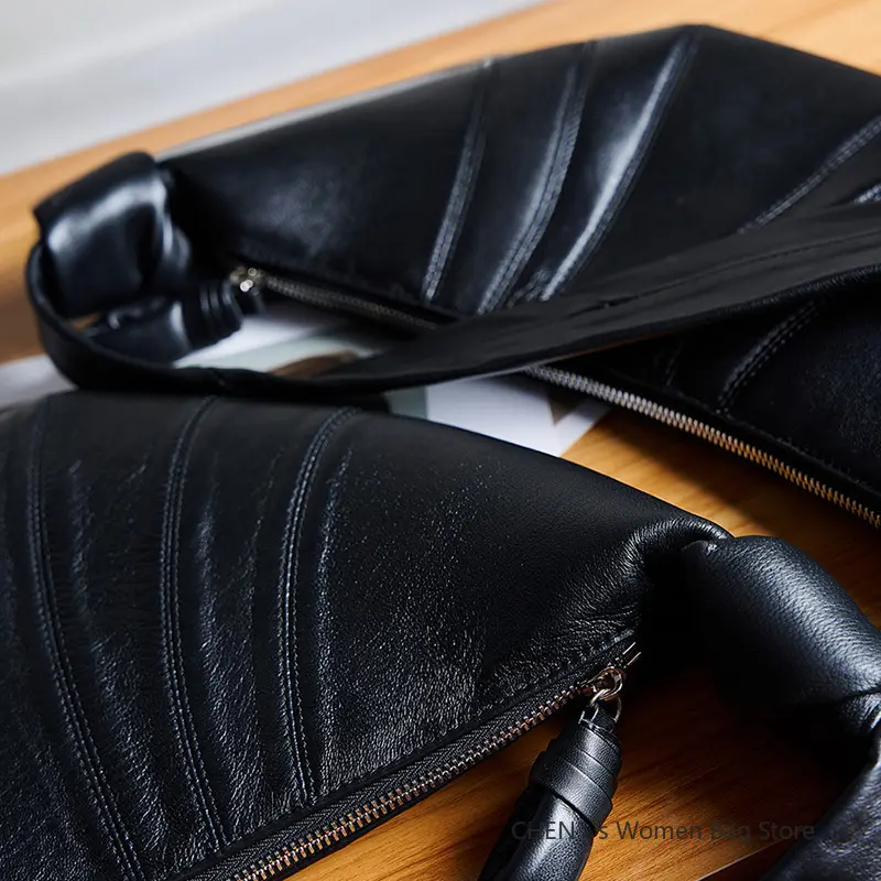 Genuine Leather Lambskin Women Handbag Croissant Bag Fashionable Versatile Black Soft Dumpling Chest Crossbody Shoulder Bags