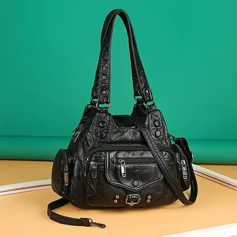 Vintage Large Capacity Women's Shoulder Bag with Side Pockets Anti-Theft Zipper Mom Bag Soft Polyester Lining PU Leather Materia