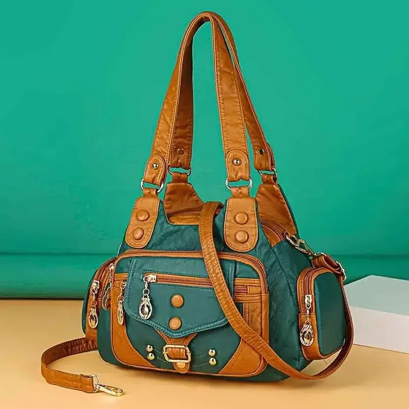 Vintage Large Capacity Women's Shoulder Bag with Side Pockets Anti-Theft Zipper Mom Bag Soft Polyester Lining PU Leather Materia