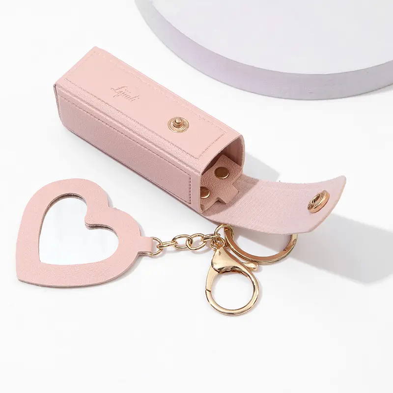 Portable Leather Lipstick Bag Makeup Pouch Lip Balm Bag Keychain Holder Lipsticks Protective Cover With Mirror
