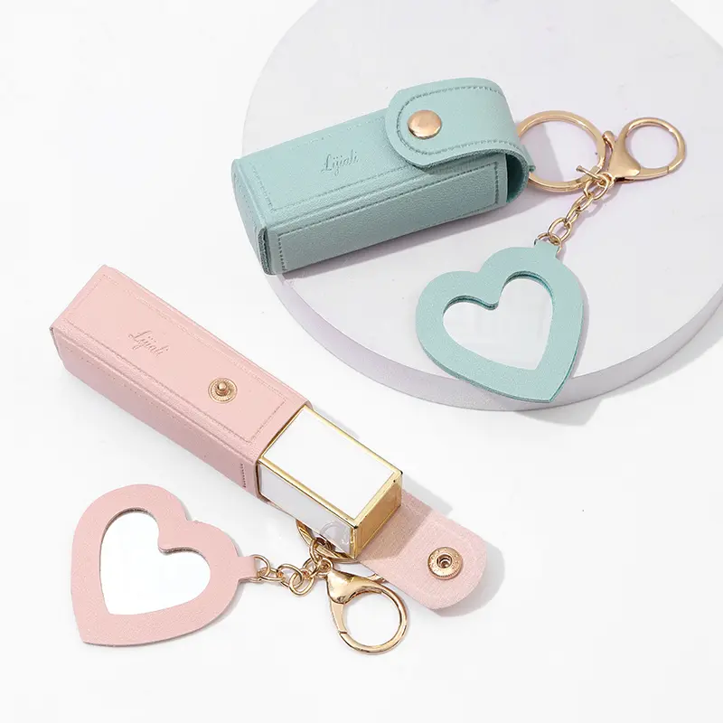 Portable Leather Lipstick Bag Makeup Pouch Lip Balm Bag Keychain Holder Lipsticks Protective Cover With Mirror