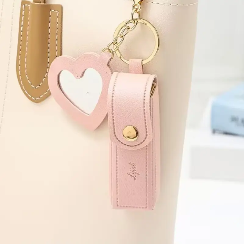 Portable Leather Lipstick Bag Makeup Pouch Lip Balm Bag Keychain Holder Lipsticks Protective Cover With Mirror
