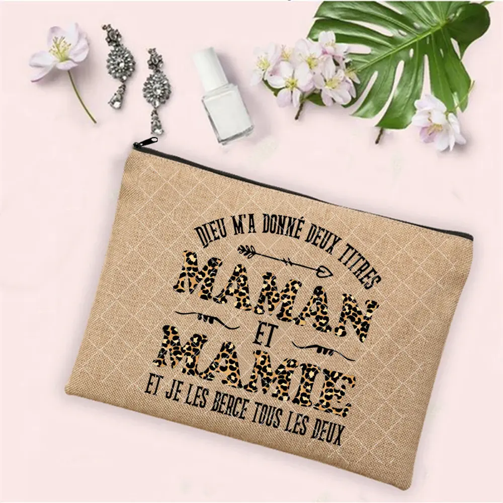 French Print  Zipper Cosmetic BagTata Gift for Mamie Makeup Bag Grandmother Travel Neceser Toiletry Pouch Pregnancy Announcement
