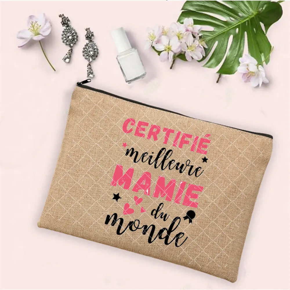 French Print  Zipper Cosmetic BagTata Gift for Mamie Makeup Bag Grandmother Travel Neceser Toiletry Pouch Pregnancy Announcement