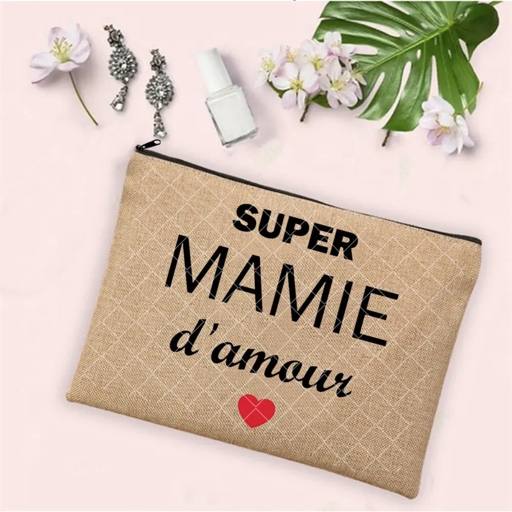 French Print  Zipper Cosmetic BagTata Gift for Mamie Makeup Bag Grandmother Travel Neceser Toiletry Pouch Pregnancy Announcement