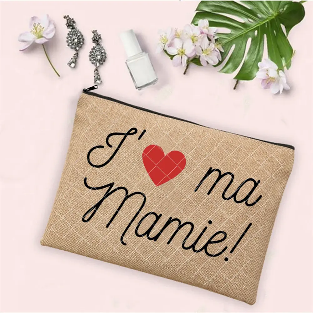 French Print  Zipper Cosmetic BagTata Gift for Mamie Makeup Bag Grandmother Travel Neceser Toiletry Pouch Pregnancy Announcement
