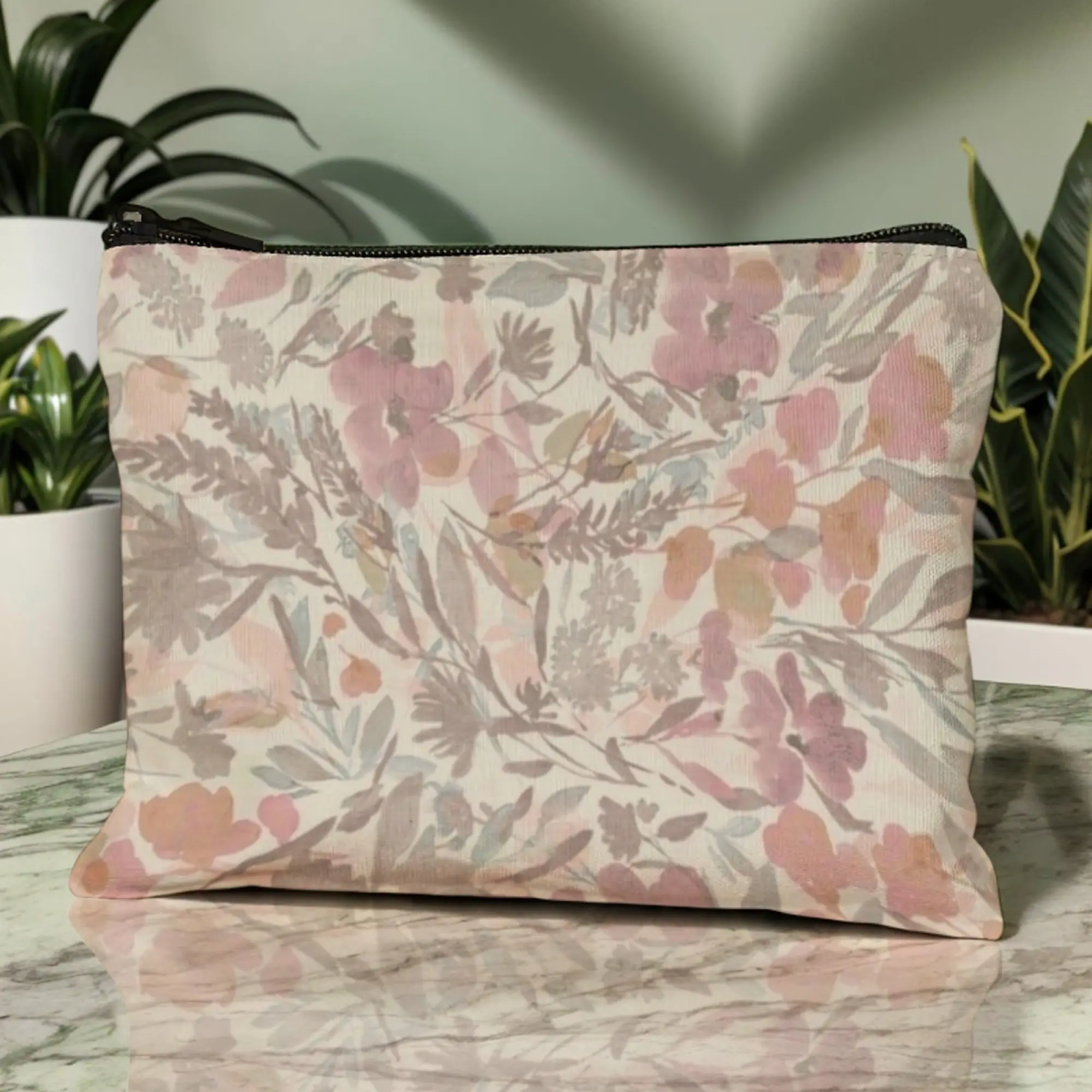 Pastel Soft-Hued Floral Makeup Bag Muted Pink & Lavender Blooms on Cream Blended Edges for Elegant Trip or Daily Storage