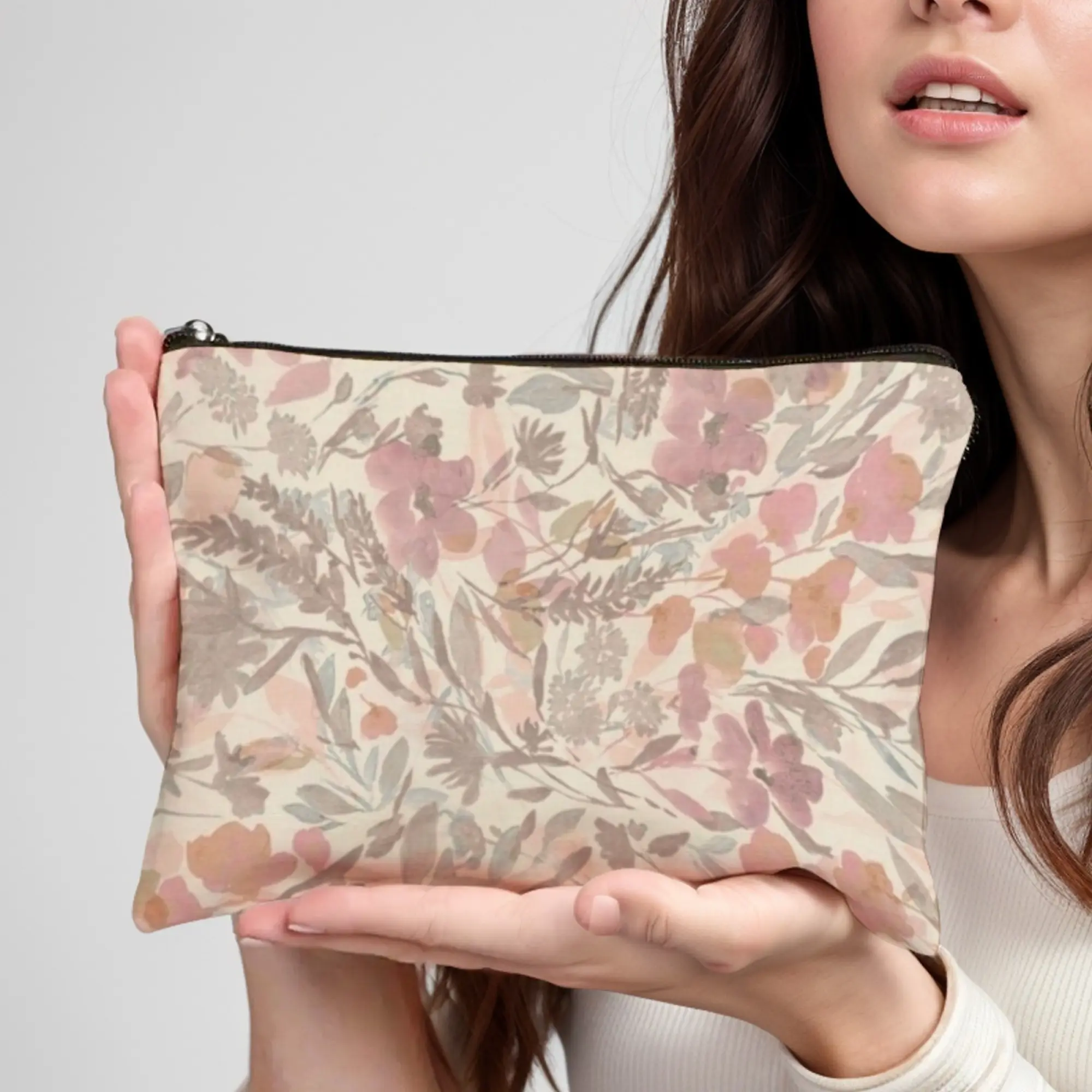 Pastel Soft-Hued Floral Makeup Bag Muted Pink & Lavender Blooms on Cream Blended Edges for Elegant Trip or Daily Storage