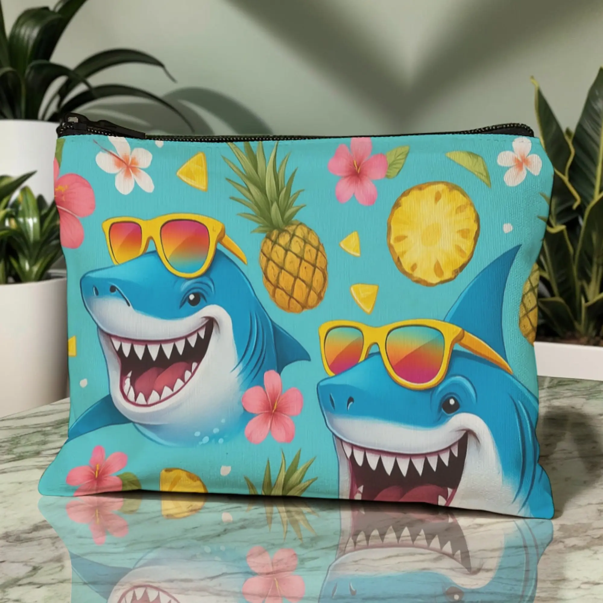Light Blue Cosmetic Pouch With Cartoon Shark & Tropical Print, Sunglasses - Wearing Shark, Fun Hawaiian Style Bag For Travel