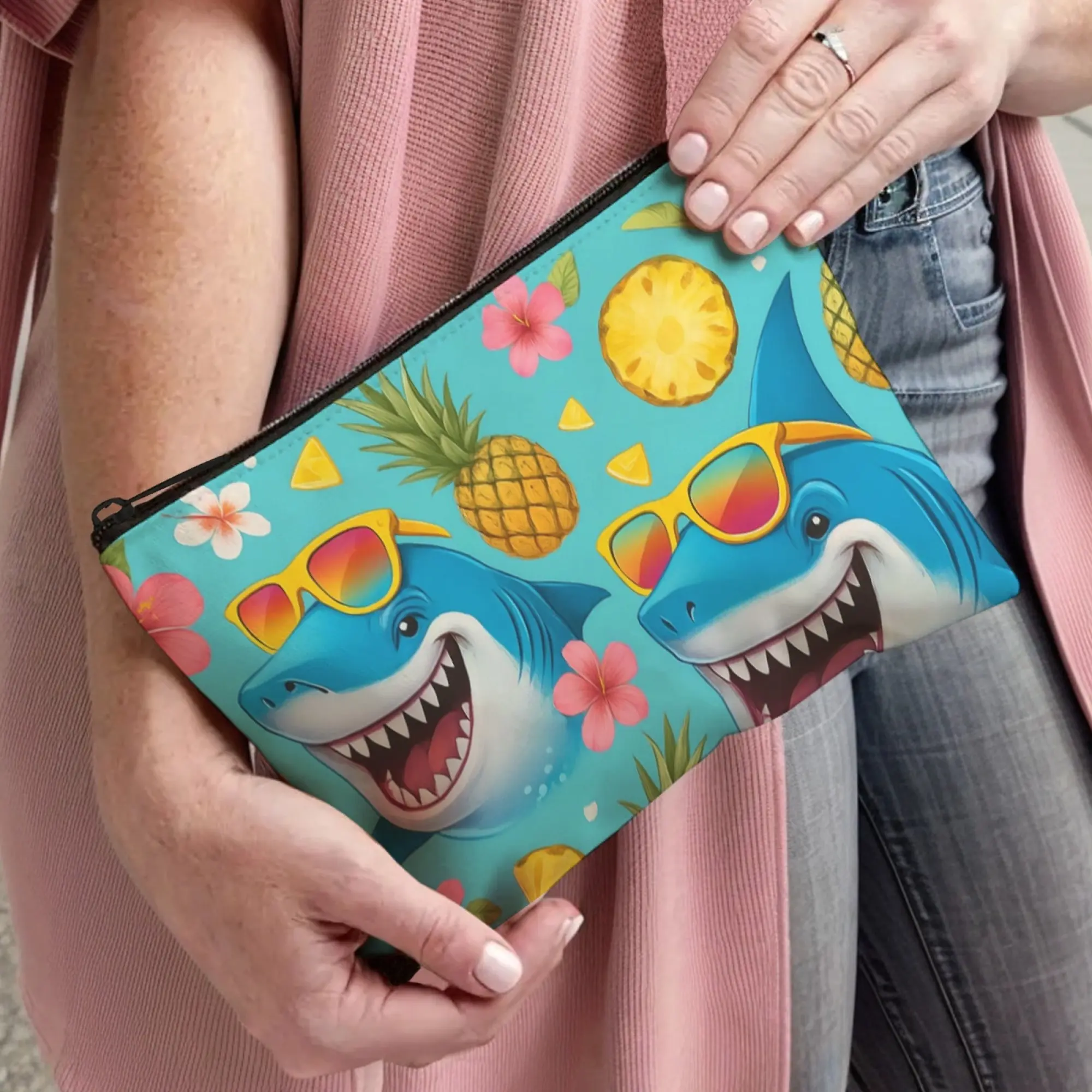 Light Blue Cosmetic Pouch With Cartoon Shark & Tropical Print, Sunglasses - Wearing Shark, Fun Hawaiian Style Bag For Travel