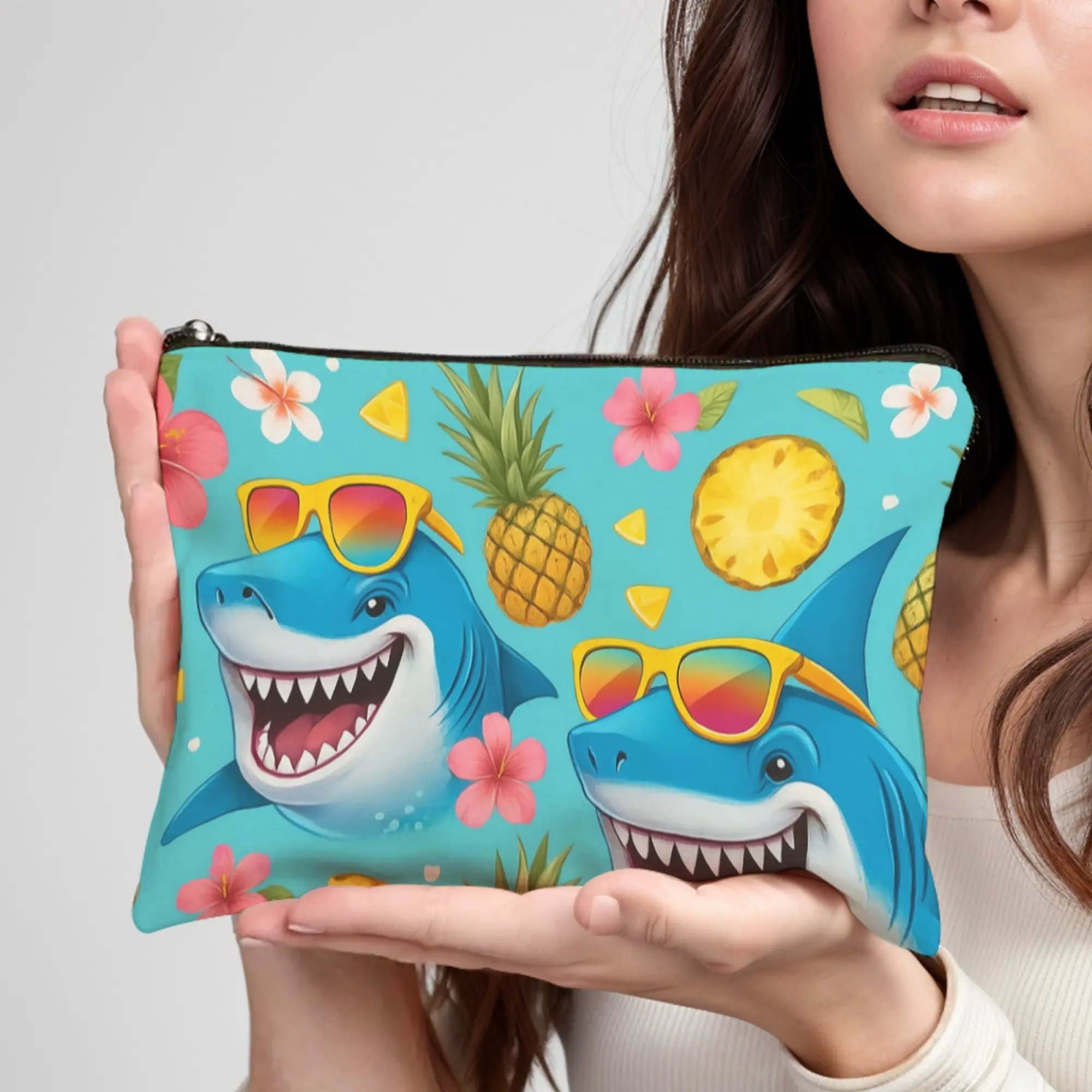Light Blue Cosmetic Pouch With Cartoon Shark & Tropical Print, Sunglasses - Wearing Shark, Fun Hawaiian Style Bag For Travel