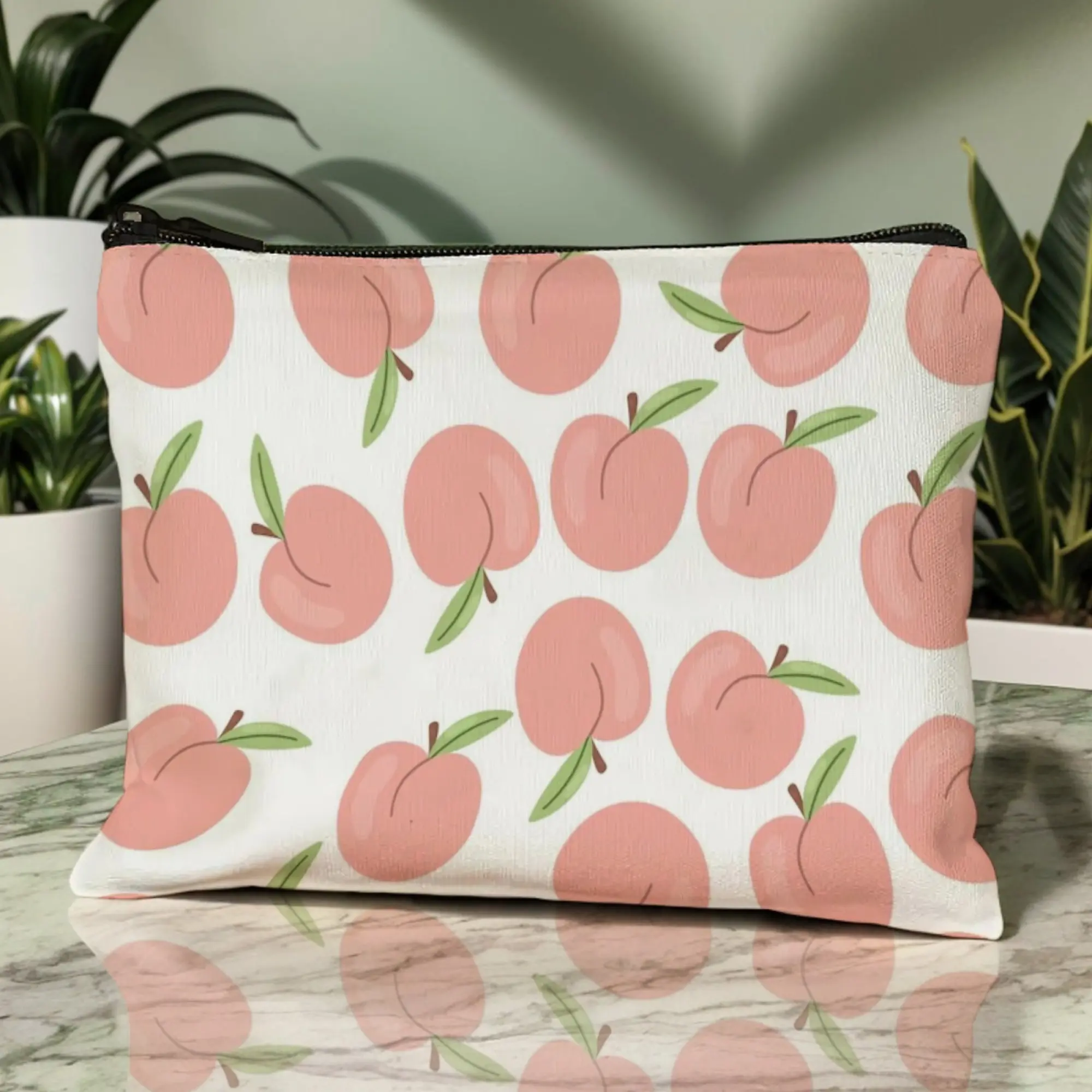 Pink Peach-Print Makeup Bag Watercolor Blush Peach Slices with Dew Drops Sweet-Themed Zippered Organizer for Daily & Travel