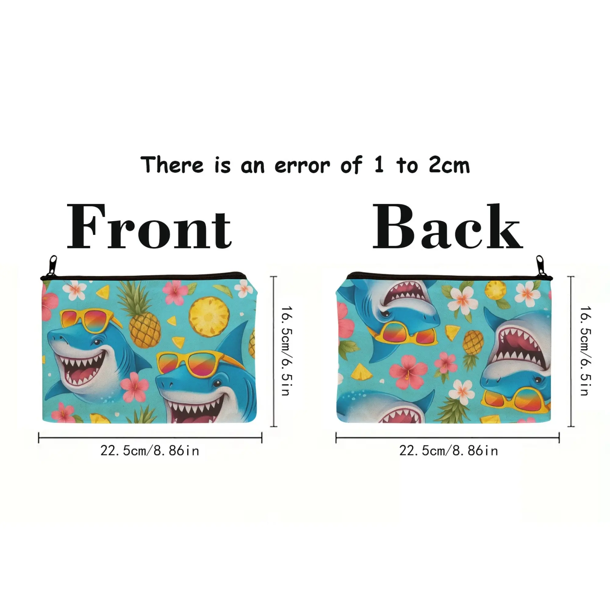 Light Blue Cosmetic Pouch With Cartoon Shark & Tropical Print, Sunglasses - Wearing Shark, Fun Hawaiian Style Bag For Travel