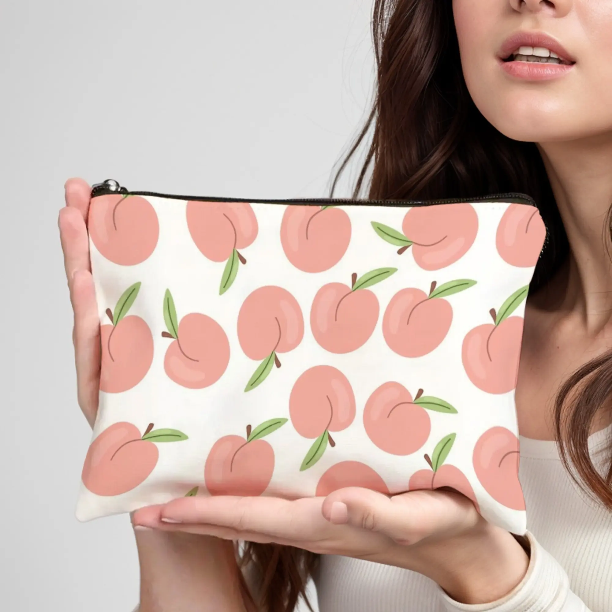 Pink Peach-Print Makeup Bag Watercolor Blush Peach Slices with Dew Drops Sweet-Themed Zippered Organizer for Daily & Travel