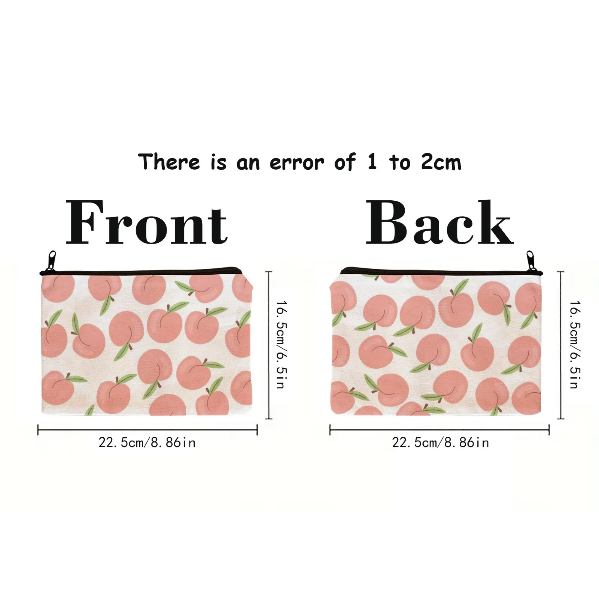 Pink Peach-Print Makeup Bag Watercolor Blush Peach Slices with Dew Drops Sweet-Themed Zippered Organizer for Daily & Travel