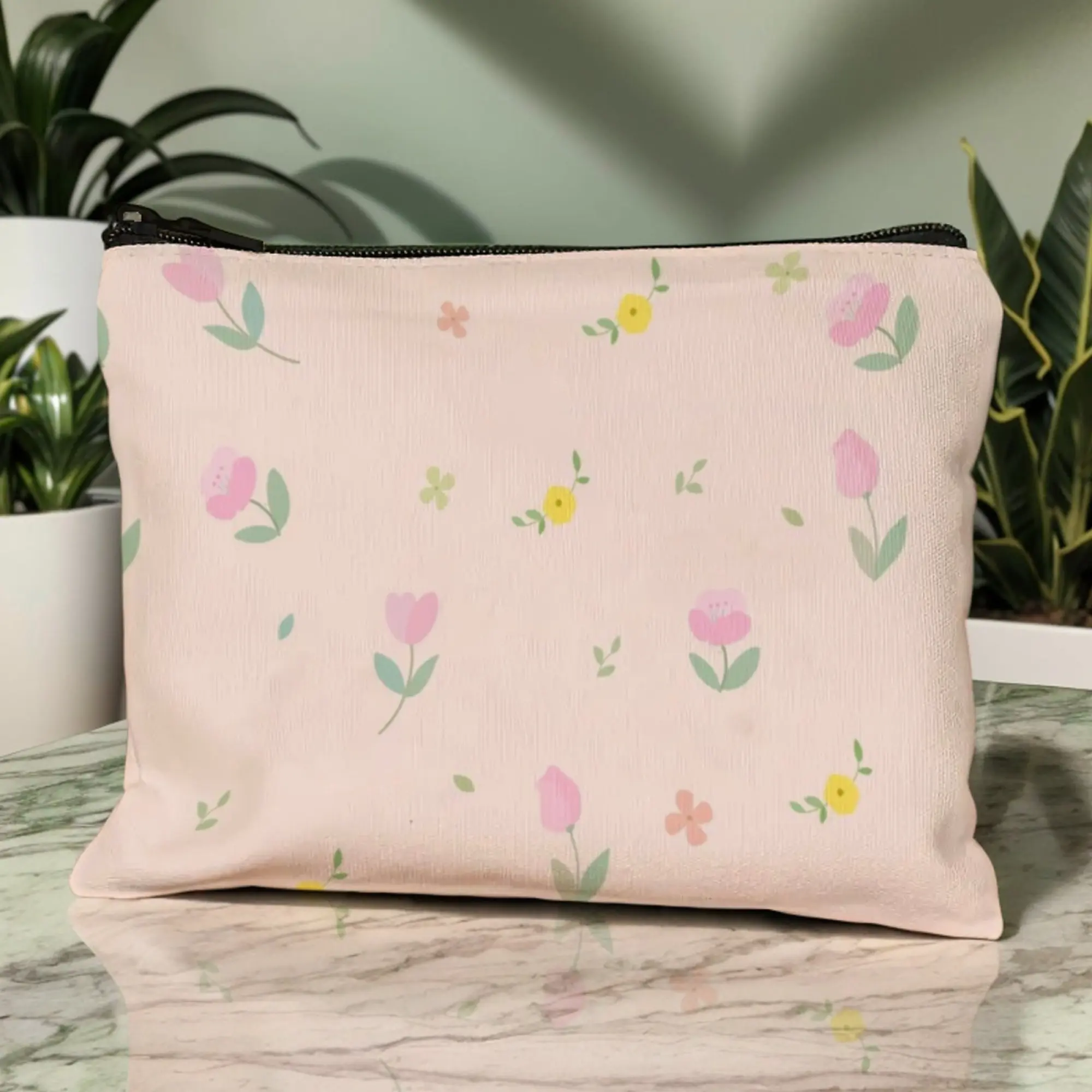 Simple Pastel Bouquet Cosmetic Pouch Cute Lavender & Mint Bloom Prints with White Accents Zippered Makeup Bag for Daily Use