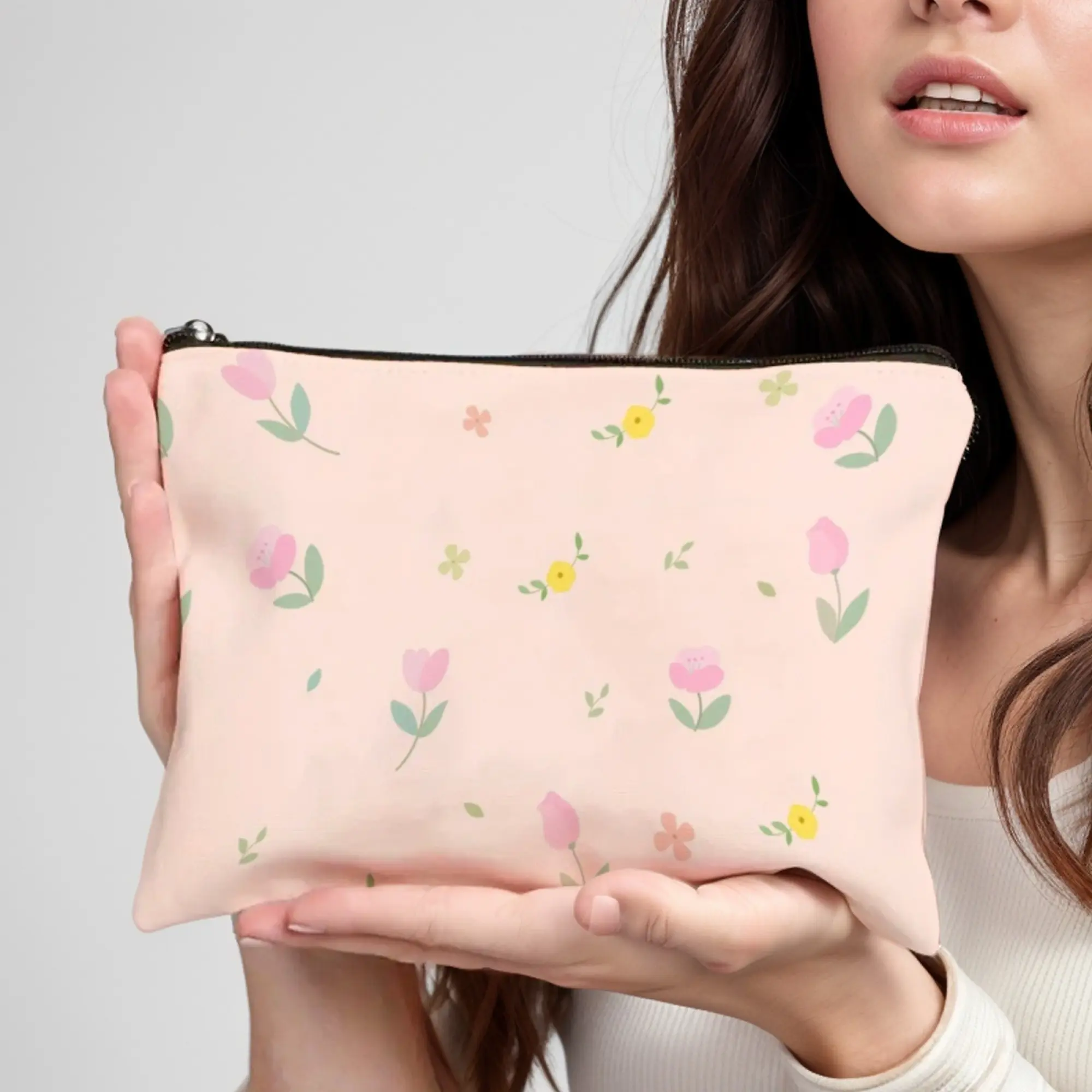 Simple Pastel Bouquet Cosmetic Pouch Cute Lavender & Mint Bloom Prints with White Accents Zippered Makeup Bag for Daily Use