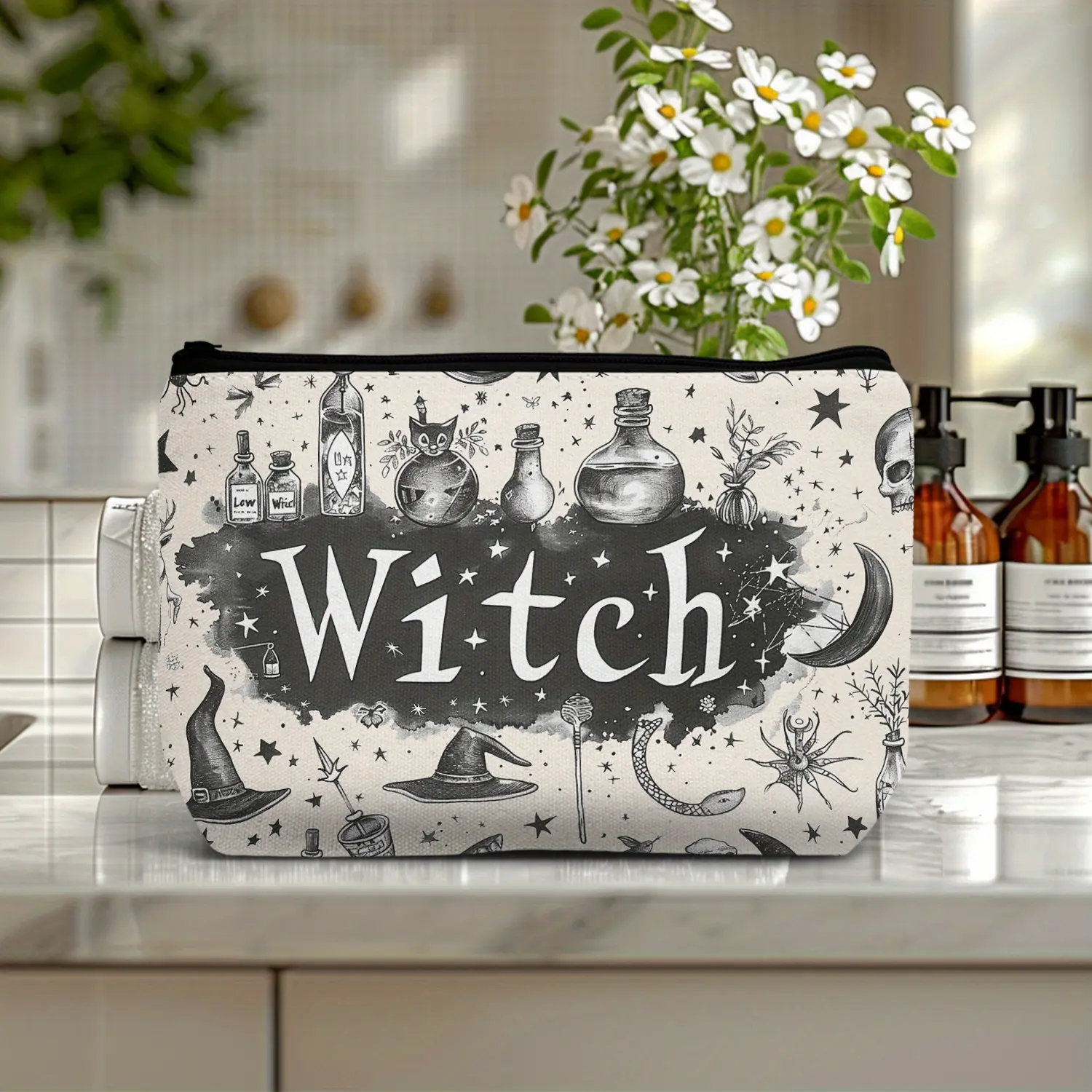 1pc, Witch Style Print Cosmetic Bag Travel Cosmetic Bag, Zipper Lightweight Makeup Pouch, Versatile Cosmetic Bag, Best Gift