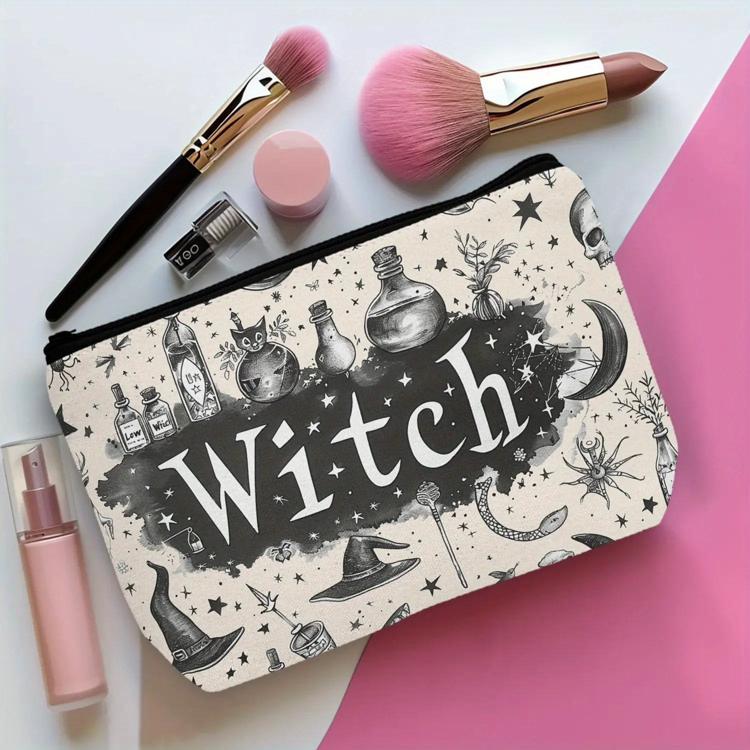 1pc, Witch Style Print Cosmetic Bag Travel Cosmetic Bag, Zipper Lightweight Makeup Pouch, Versatile Cosmetic Bag, Best Gift