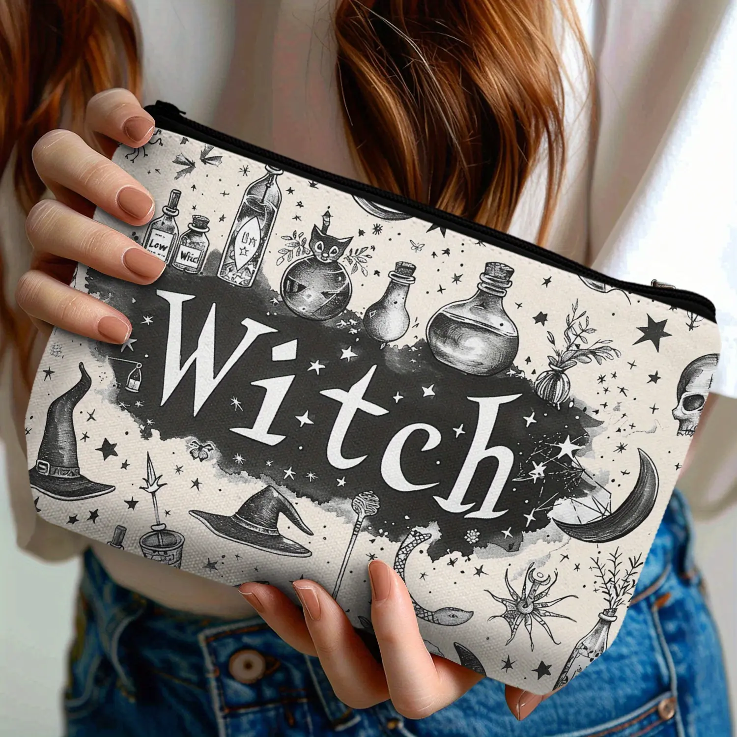 1pc, Witch Style Print Cosmetic Bag Travel Cosmetic Bag, Zipper Lightweight Makeup Pouch, Versatile Cosmetic Bag, Best Gift