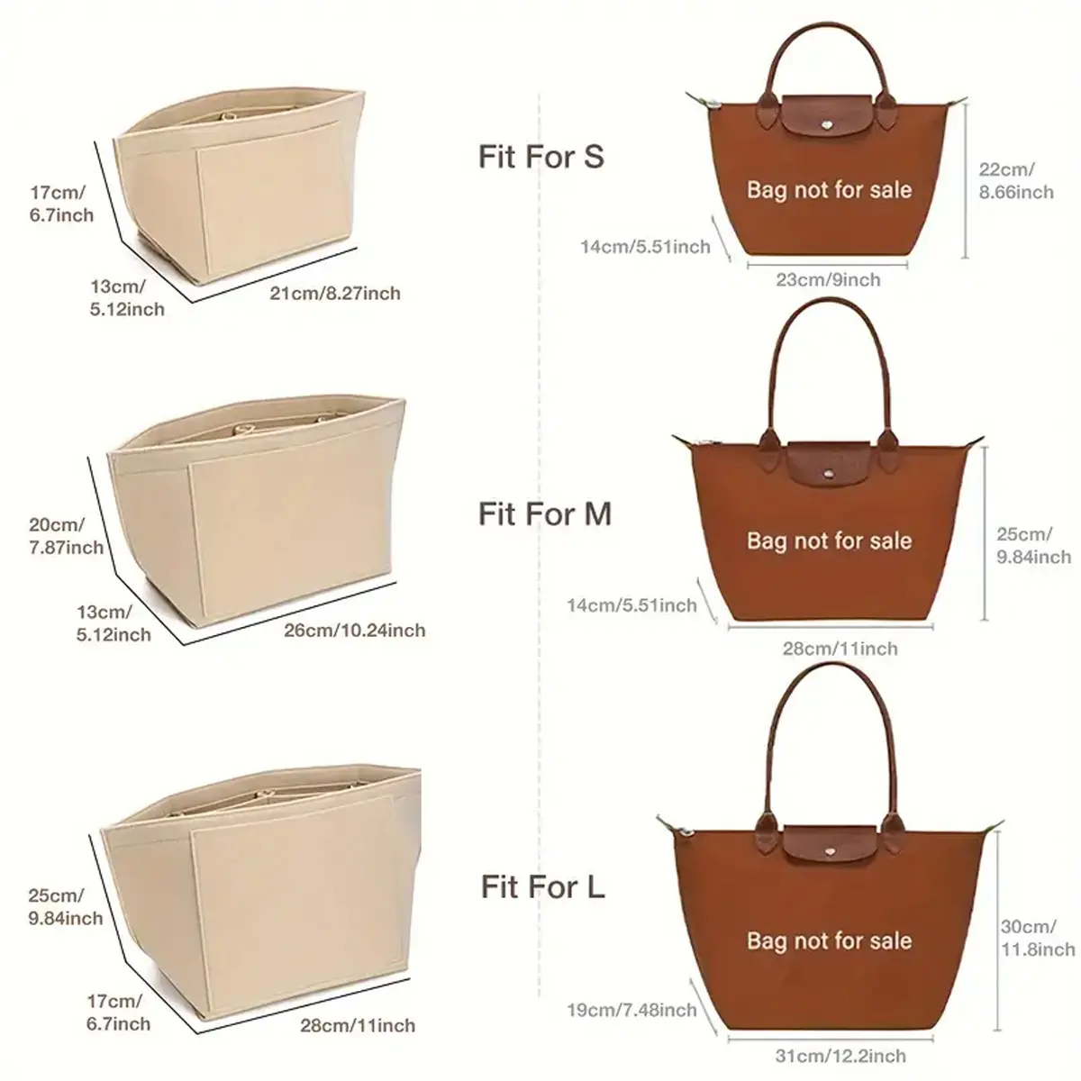 Insert Lined Felt Bag Fits LongChamp Tote Support Lined Storage Cosmetic Bag