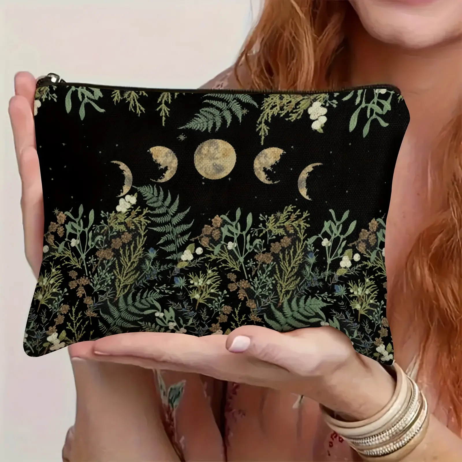 Green Witch Nature Moon Phase Forest Boho Tarot Zipper Pouch Cosmetic Bag Crescent Moon & Foliage  Pencils, Travel Accessories