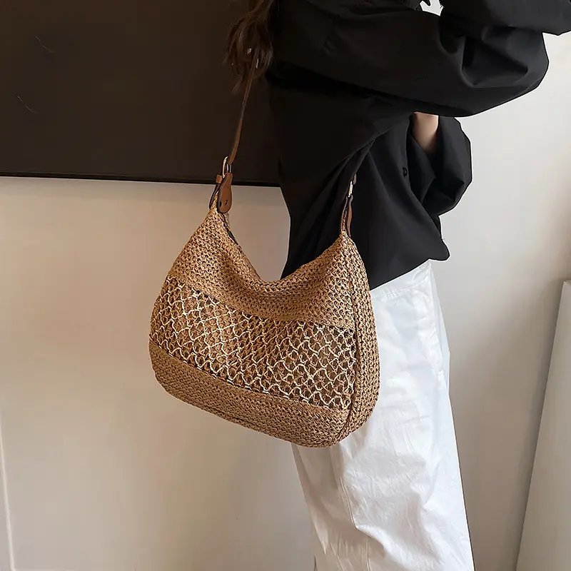 Women Hollow Shoulder Bag Large Capacity Straw Weaving Travel Handbag Adjustable Strap Shopper Tote Bag