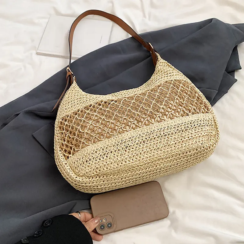 Women Hollow Shoulder Bag Large Capacity Straw Weaving Travel Handbag Adjustable Strap Shopper Tote Bag