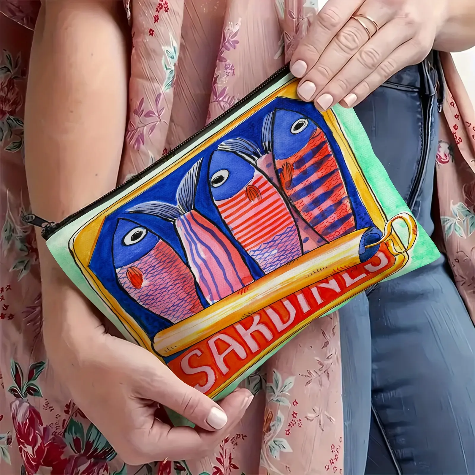 Unisex Adult Cosmetic Pouch, Hypoallergenic Mini Makeup Bag, Trendy Sardines Print Zippered Toiletry Case, Polyester Accessory