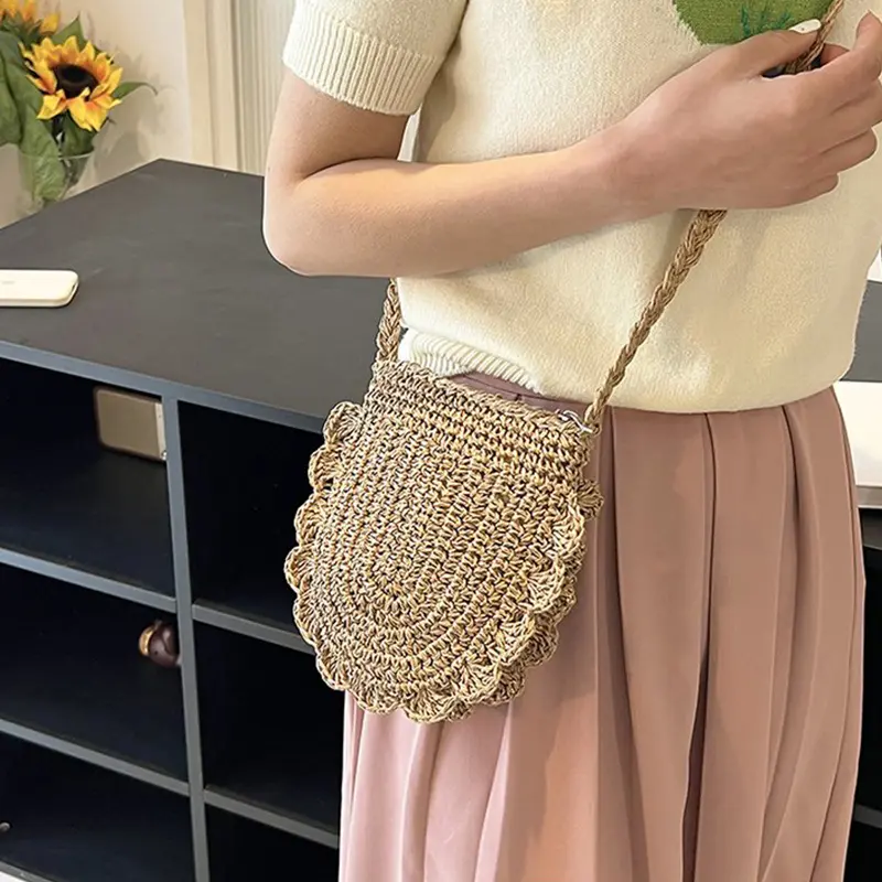 Women Fashion Woven Handbag Straw Crossbody Bag Vacation Shoulder Bag Large Capacity Ethnic Style for Beach Travel