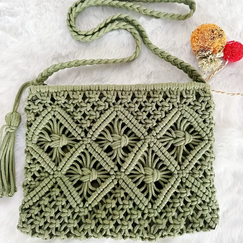1pc Boho Chic Handwoven Shoulder Bag for Women,Handwoven Cotton with Zipper & Tassel Details,Beach Bag,for Travel,Casual Outings