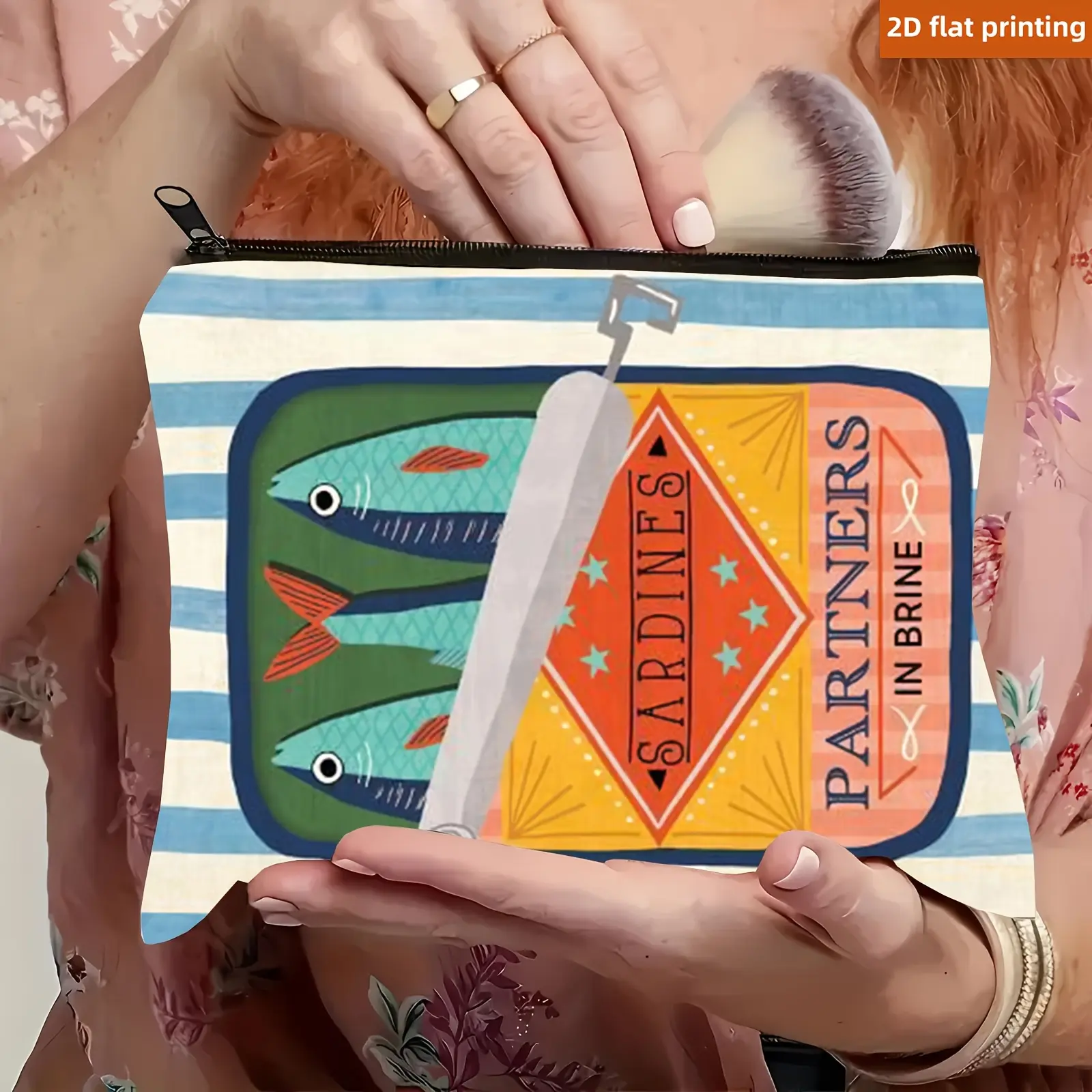 Sardine Partners Graphic Makeup Bag - Beige, Foldable & Lightweight Linen Travel Pouch with Zipper Closure